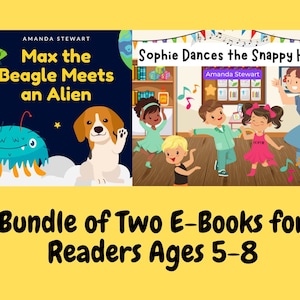 以下が含まれることがあります： 子供向けの電子書籍2冊セット。最初の本は「マックス・ビーグルは宇宙人と出会う」というタイトルで、漫画のビーグル犬と青い宇宙人が登場します。2冊目の本は「ソフィーはスナッピー・ハッピーを踊る！」というタイトルで、教室で踊っている子供たちのグループが登場します。