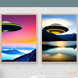 Set of Two UFO Digital Art Prints, UFO&#39;s Over Water & Mountains Wall Art Prints UFO Printable, Ufology Ufologist UFOs, Digital Download Art
