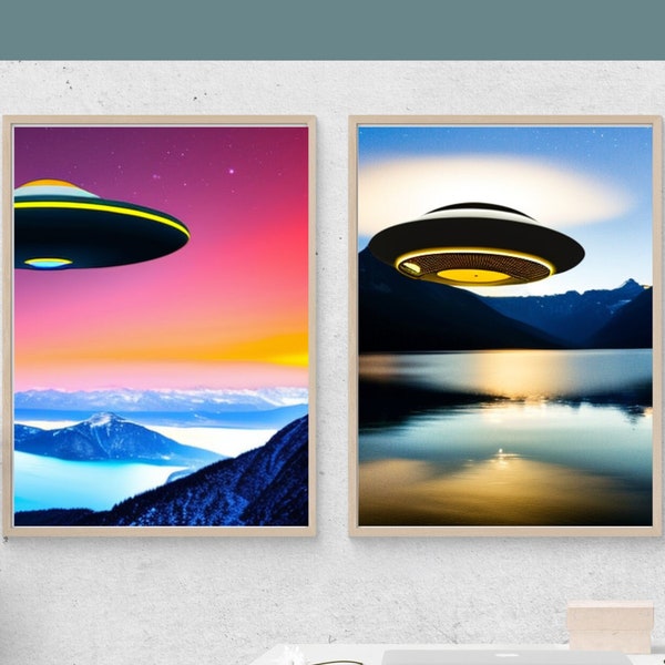 Lot de deux impressions d'art numérique OVNI, impression d'art mural OVNI au-dessus de l'eau et montagnes imprimables OVNI, ufologie ufologue OVNI, art en téléchargement numérique