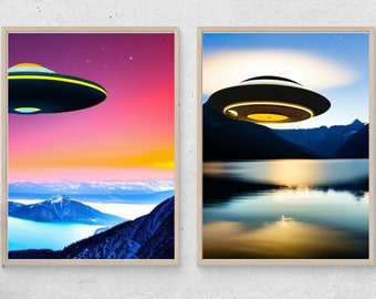 Set of Two UFO Digital Art Prints, UFO's Over Water & Mountains Wall Art Prints UFO Printable, Ufology Ufologist UFOs, Digital Download Art