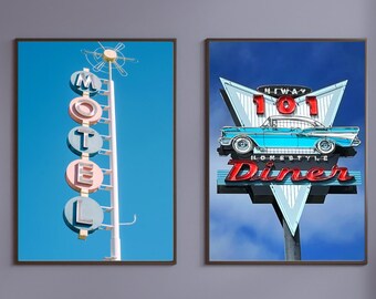 Letreros de estilo años 50, impresiones digitales de arte mural, juego de 2, arte vintage para restaurantes y moteles, letreros vintage imprimibles, arte de motel de los años 50, PDF