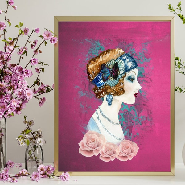 Flapper Girl Digital Art Print, 1920's Style Art, Roses Butterfly Art, Printable Gift for Women,Great Gatsby Style Art, Digital Download PDF