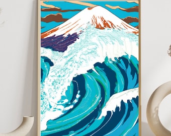 Japanese Ukiyo-e Style Art Print, Mountain & Ocean Waves Wall Art, Digital Download Print, Living Room Art Ocean Art Mountain Art Gift Japan