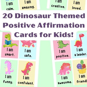 20 afdrukbare positieve affirmatiekaarten met dinosaurusthema voor kinderen, leuke en versterkende affirmaties om zelfvertrouwen en geluk aan te moedigen
