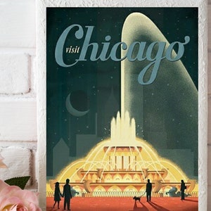 Póster de viaje vintage de Chicago, impresión digital de arte mural, arte imprimible de Chicago, Illinois, arte vintage, monumento de Chicago, arte de la fuente de Buckingham (PDF)