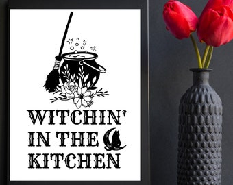 Cyfrowy wydruk artystyczny „Witchin' in the Kitchen”, dekoracja ścienna w stylu czarownic, pogańska sztuka do druku, sztuka czarownic w kuchni wicca, prezent dla czarownic, sztuka na Halloween