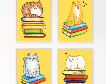 Set of 4 Cute Cats on Book Stacks Wall Art Prints Cats Sitting on Books Digital Download Art Printables Cat Wall Art for Girls or Boys Room