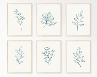 Set of 6 Minimalist Teal Flowers Leaves, Neutral Calming Floral Wall Art, Digital Download, Floral Prints for Living Room,Bedroom Art Prints