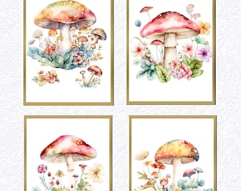 Set of 4 Mushroom Wall Art, Digital Art Prints, Mushrooms Printable Wall Decor, Cottagecore Watercolour Art Prints, Forestcore Wall Art