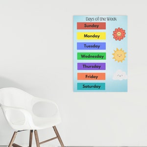 Days of the Week Colorful Digital Print, Kids Learn Days of the Week, Rainbow Colors Poster, Kindergarten Students, Class Teacher Resource