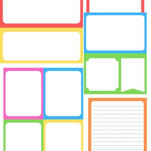 Könnte beinhalten: Eine druckbare Planerseite mit bunten Kästchen und einem linierten Abschnitt. Die Kästchen sind in verschiedenen Farben, darunter Rot, Blau, Gelb, Grün und Pink. Der linierte Abschnitt befindet sich auf der rechten Seite der Seite.