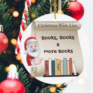 Book Lover Christmas Ornament, Santa Claus Ceramic Ornament, Gift for Bookworms, Book Club Gifts, Reading Books, Librarian, Reader, Mom Gift