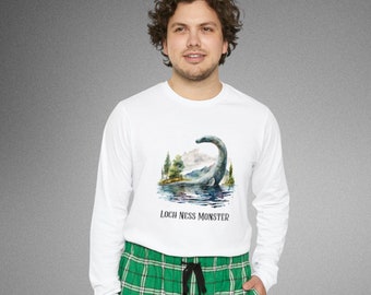 Loch Ness Monster PJ Set, Men's Long Sleeve Pajamas, LochNess Monster PJ's for Men, Nessie Scotland Pyjama Set, Green Plaid Pants Gift