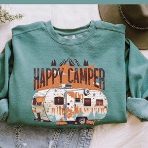 Happy Camper Sweatshirt, Unisex Comfort Colors Sweatshirt, Gifts for Camping, Retro Style Camper Shirt, Vintage Camper Sweatshirt Gift