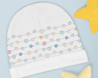 Heart Print Baby Beanie, Winter Hat for Babies, Baby Hat with Pastel Hearts, Baby Shower Gift, Baby Girl Beanie Hat, Newborn to 6 Months