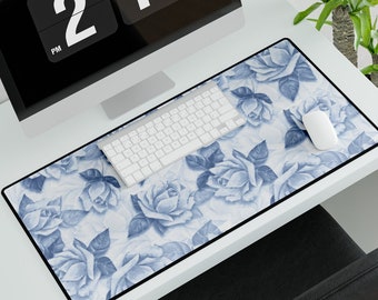 Podkładka na biurko z motywem kwiatowym w kolorze niebiesko-białym, duża podkładka pod mysz w stylu shabby chic, akcesoria biurowe Cottagecore, podkładka na biurko z motywem róż w prezencie