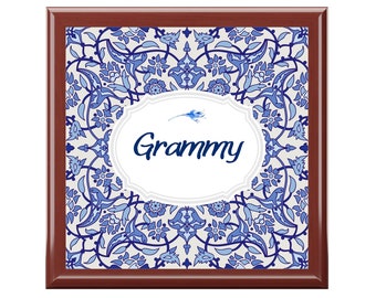 Grammy Jewelry Box, Gift for Grandma, Blue and White Floral Keepsake Box, Special Birthday Gift for Grandmother, Classy Jewellery Box Gifts