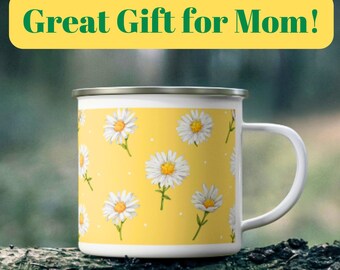 Mug de camping en émail marguerites et pois, tasse marguerite blanche et jaune pour campeurs, cadeau pour amoureux de la nature, cadeau glamping, cadeau mug pour maman