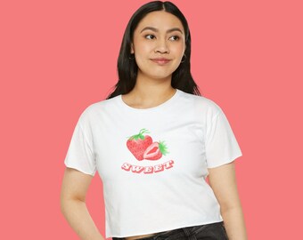 Strawberry Sweet Crop Top, Women's Festival Crop T-Shirt, Strawberries Shirt, Boho Shirt, Gift for Teens, Young Women, Retro Style Party Tee