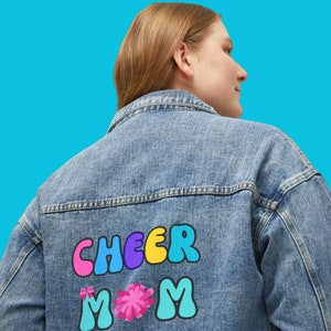 Cheer Mom Jean Jacket, Women&#39;s Denim Coat, Gift for Mom of Cheerleader, Cheer Team Mother, Cheer Mama Jacket, Cheering Jacket, Mom Gifts