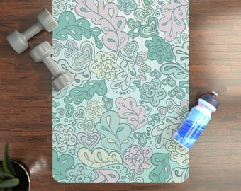 Floral Yoga Mat, Pastel Leaves Rubber Yoga Mat, Purple Mint Flowers Exercise Mat, Meditation Mat, Fitness Mama, Workout Yoga Practice Women