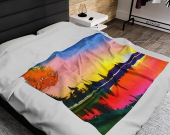 Watercolor Sunset Velveteen Plush Blanket, Beautiful Nature Scene with Sun Setting, Gift for Mom, Gift for Grandma, Cozy Super Soft Blanket