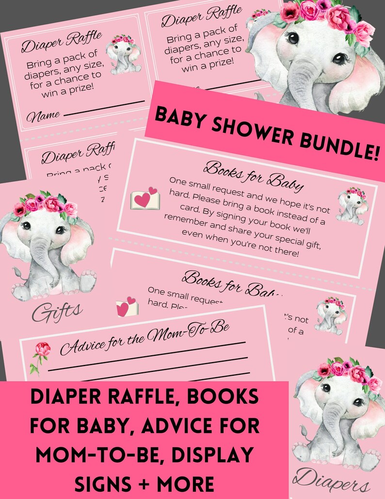 Elephant Baby Shower Digital Printable Bundle Includes Diaper Raffle