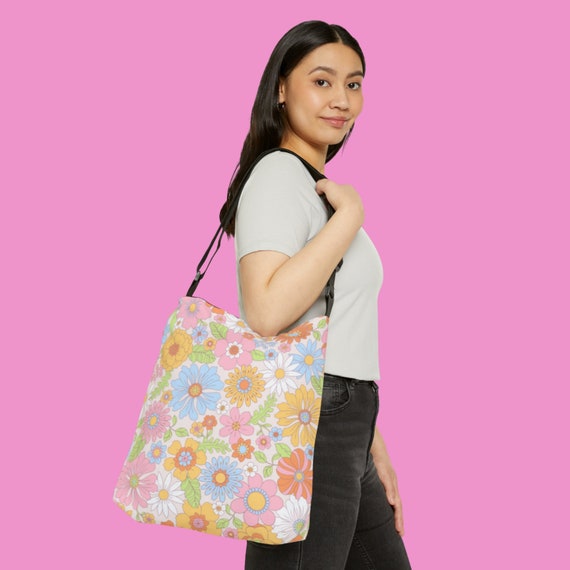 Blue & Pink Floral Tote Bag with Adjustable Strap Handmade Waterproof Tote Bag: Floral Laminated Fabric Beach  main image 4