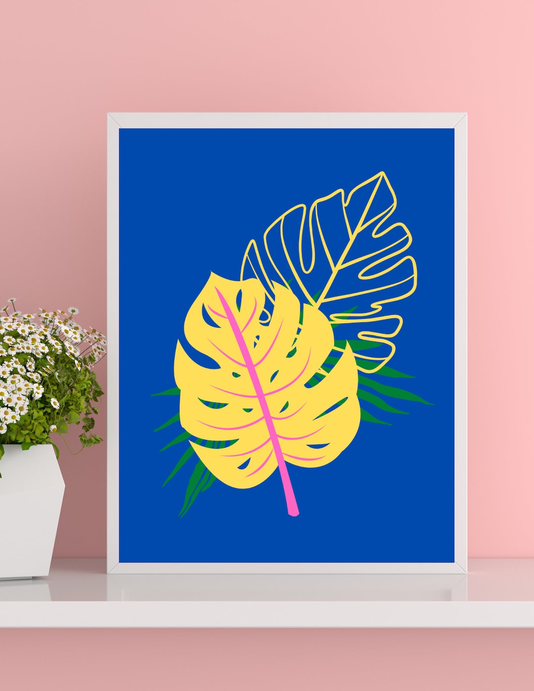 Bright Palm Leaves Digital Art Print in Yellow Blue Pink Green Tropical