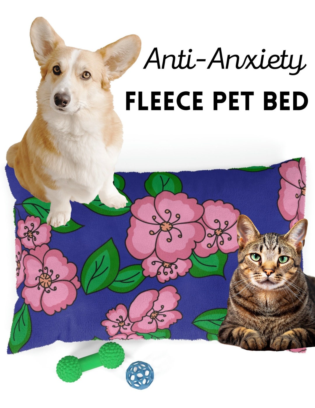 Floral Antianxiety Pet Bed, Calming Bed for Cats and Dogs, Soft Fleece Pet Bed for Anxious Pets