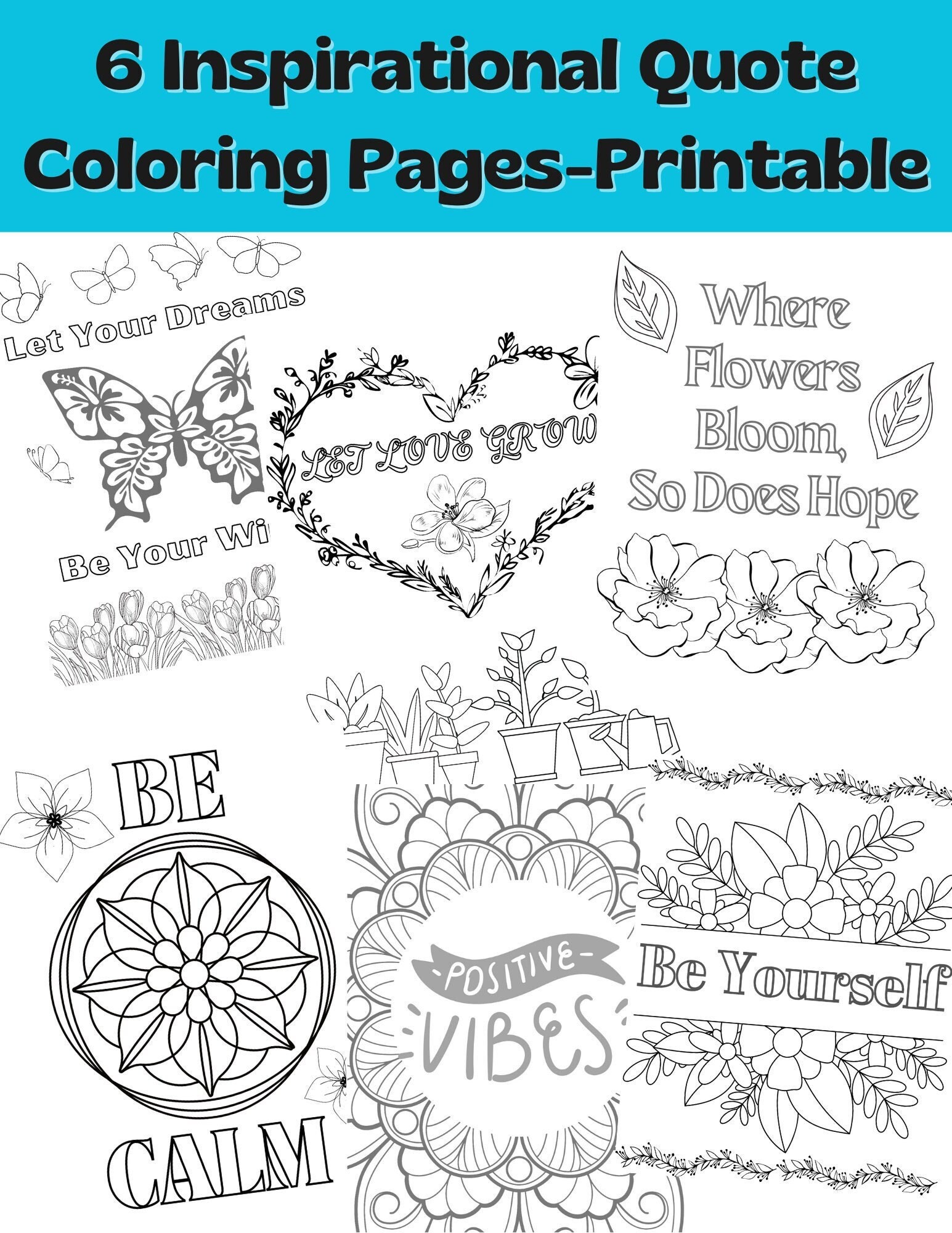 Coloring Pages of Inspirational Quotes for Teens and Adults Coloring Set of 6 Pages Relaxation ...