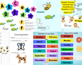 Bündel für Vorschule Kindergarten Klasse 1, Mathe- und Alphabetisierungsarbeitsblätter, Lernressourcen, Zahlenzählen, Alphabet-Buchstaben, Homeschool