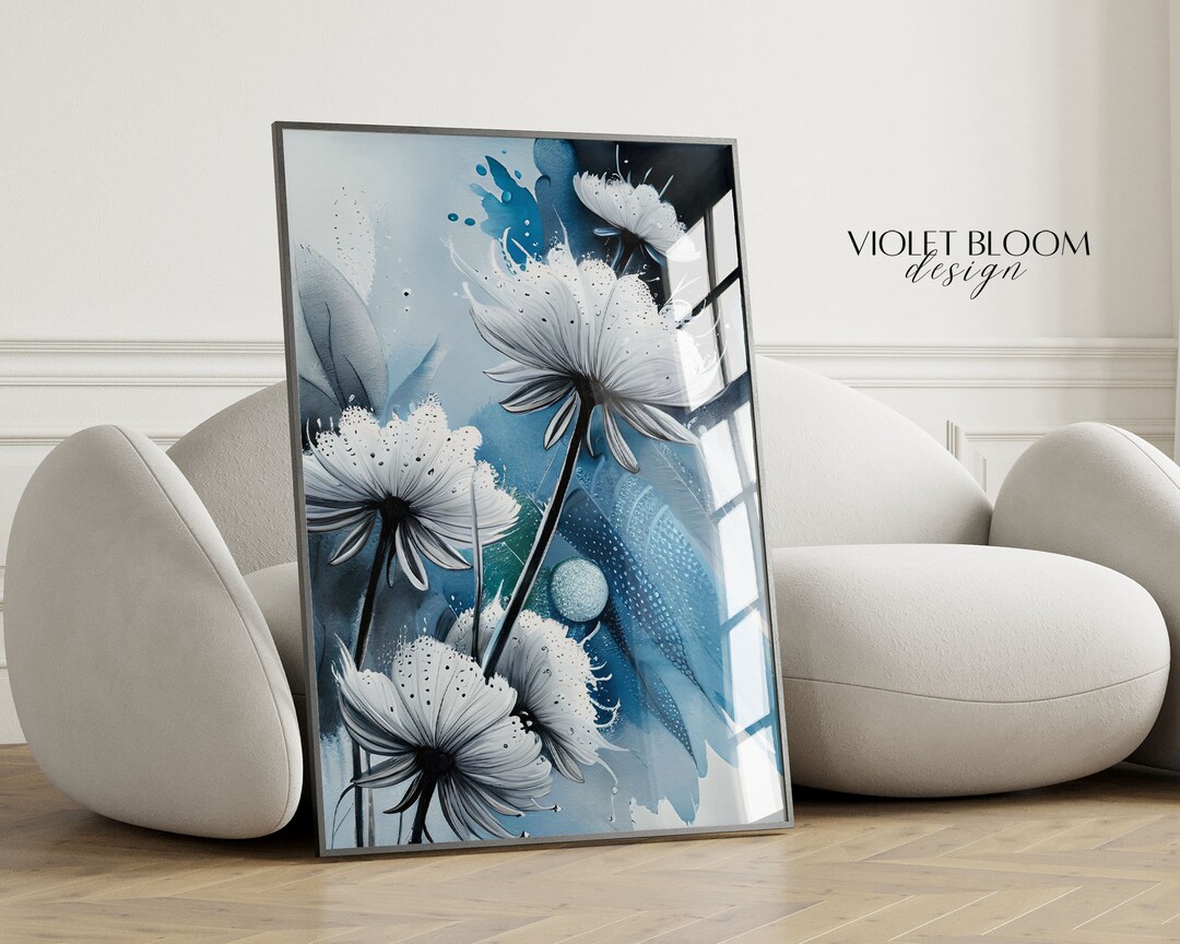 White Wildflowers Art Print Blue Room Wall Decor Floral Watercolor