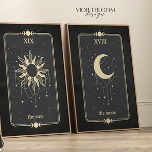 Witchy Home Decor Hemelse Muur Kunst Moderne Zon en Maan Print Tarot Card Poster Afdrukbare Set van 2 Dark Boho Art Digitale Download