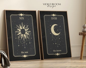 Witchy Home Decor Celestial Wall Art Modern Sun and Moon Print Tarot Card Poster Printable Set of 2 Dark Bohemian Art Digital Download