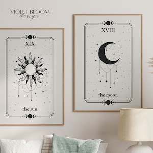Tarot Cards Print Celestial Home Decor Sun and Moon Art Dark Witchy Wall Art Set of 2 Prints Printable Bohemian Art