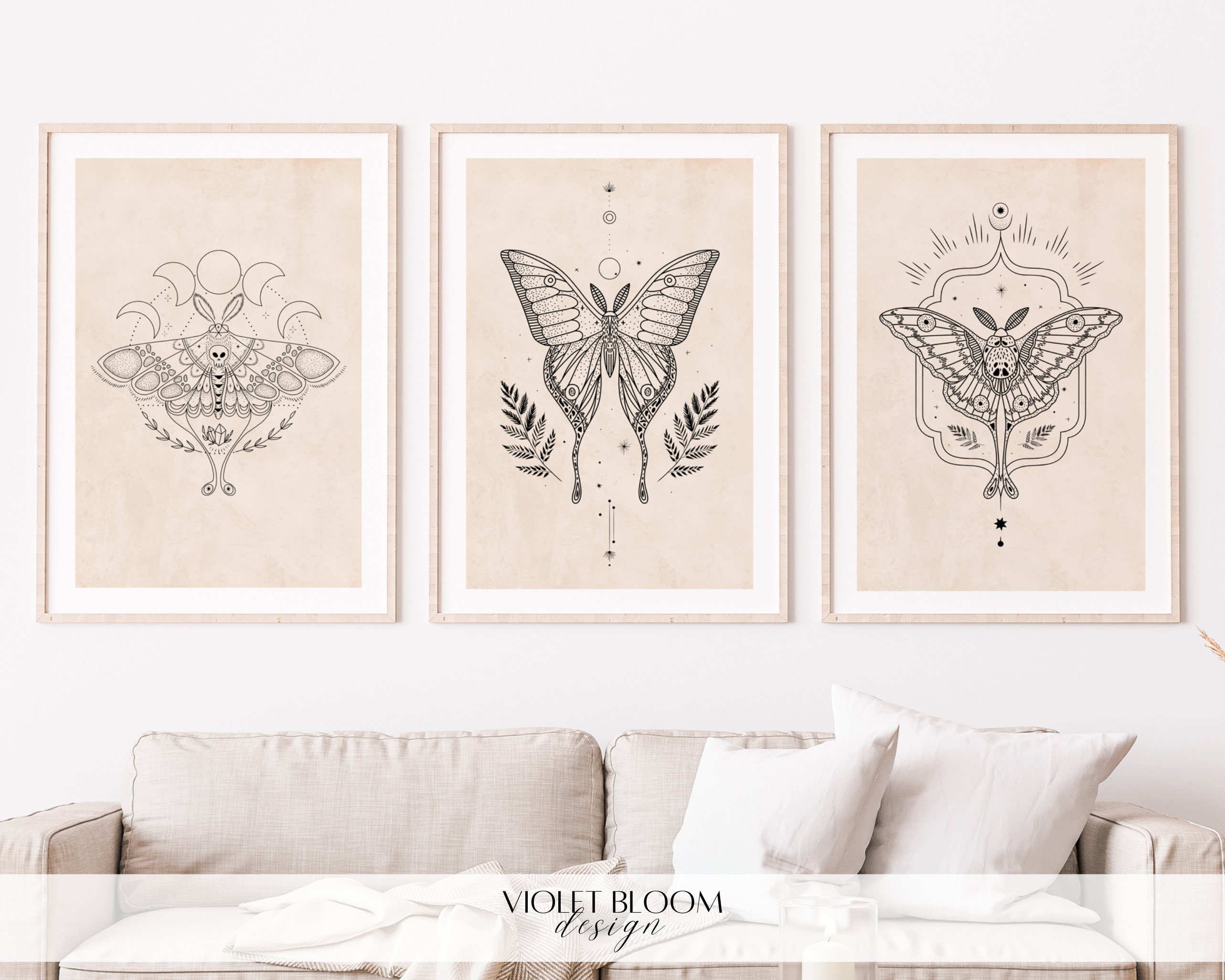 Celestial Wall Art Moth Set of 3 Print Witchy Home Decor Modern Moths ...