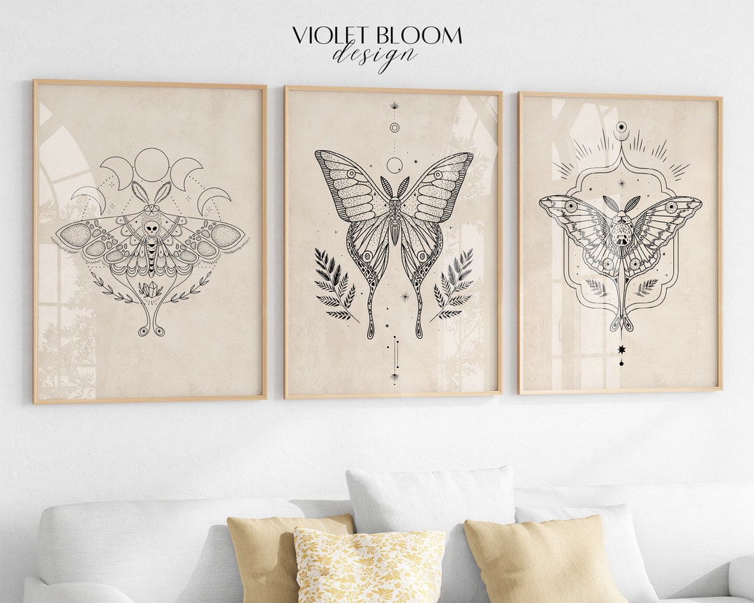 Celestial Wall Art Moth Set of 3 Print Witchy Home Decor Modern Moths ...