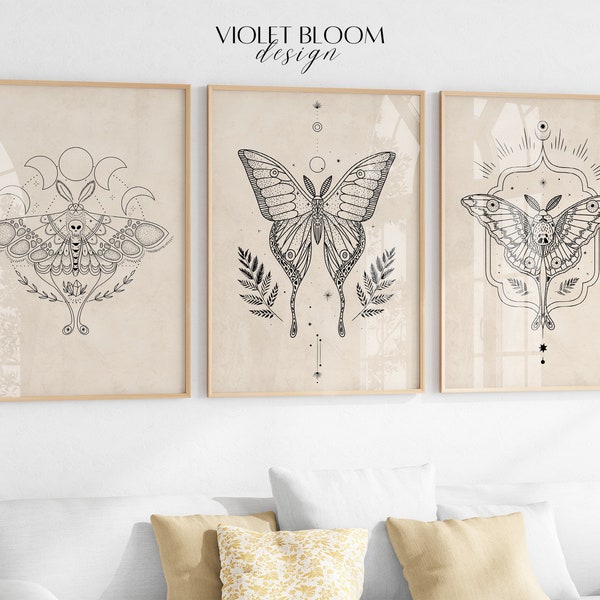 Celestial Wall Art Moth Set of 3 Print Witchy Home Decor Modern Moths Poster Boho Printable Art Digital Download