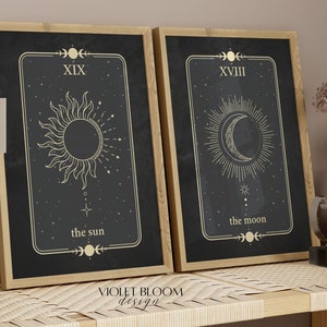 Celestial Wall Art | Tarot Cards Print | Mystical Home Decor | Bohemian Dark Witchy Wall Painting | Sun and Moon | Set of 2 Printable Art