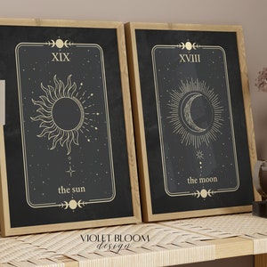 Niebiańska sztuka ścienna | Wydruk kart tarota | Mistyczny wystrój domu | Boho Dark Witchy Wall Painting | Słońce i księżyc | Zestaw 2 wydrukowanych dzieł sztuki
