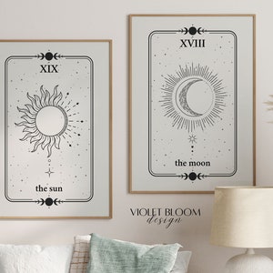 Celestial Wall Art Tarotkaarten Print Mystical Home Decor Boho Witchy Muurschildering Zon en Maan Set van 2 Afdrukbare