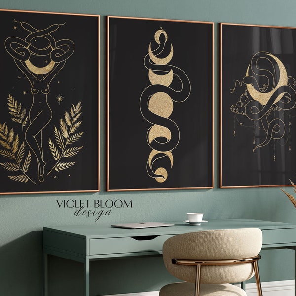 Celestial Goddess Wall Art | Bohemian Feminine Poster | Set of 3 Prints | Boho Sun and Moon Poster | Astrology Art | Black and Gold