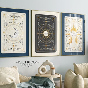 Tarot Cards Print, Celestial Wall Art, Mystical Home Decor, Sun and Moon, Black White Gold Home Decor, Set of 4 Printable, Witchy Aesthetic
