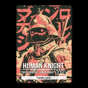 Pode incluir: Um token de jogo de cartas de fantasia que representa um cavaleiro humano com armadura vermelha e preta com uma espada. O texto do cartão diz "HUMAN KNIGHT" e "TOKEN CREATURE - HUMAN KNIGHT 2/2" e "Trample, haste".