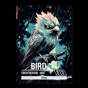 Może przedstawiać: Niebiesko-różowy ptak z groźnym wyrazem twarzy siedzi na gałęzi w ciemnym lesie. Ptak jest żetonem karty stworzenia z tekstem "Bird" i "Token Creature - Bird" oraz siłą i wytrzymałością "2/2". Karta zawiera również tekst "Flying".