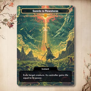 Könnte beinhalten: Eine Magic: The Gathering Karte mit einem Fantasy-Landschaftshintergrund. Die Karte heißt "Swords to Plowshares" und ist ein Instant. Der Text lautet: "Verbann die Zielkreatur. Ihr Beherrscher erhält Lebenspunkte in Höhe ihrer Stärke."