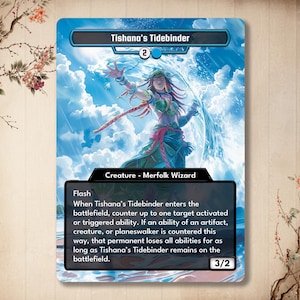 Puede incluir: Una carta de juego de fantasía azul y blanca con una maga merfolk femenina con cabello largo rojo y un atuendo azul y verde. El texto de la carta dice "Tishana's Tidebinder" y tiene el texto "Flash" y "Criatura - Maga merfolk". La carta tiene una potencia de 3 y una resistencia de 2.