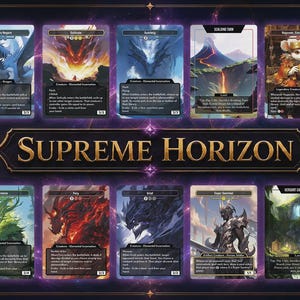 May include: A collection of ten trading cards arranged in two rows against a dark purple cosmic background. The text "SUPREME HORIZON" is centred in a decorative gold-bordered frame. Each card features unique fantasy illustrations and text.