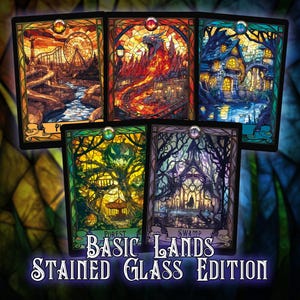 Ensemble de procuration Basic Lands en vitrail (10 cartes) – oeuvre d'art complète de la cathédrale vintage